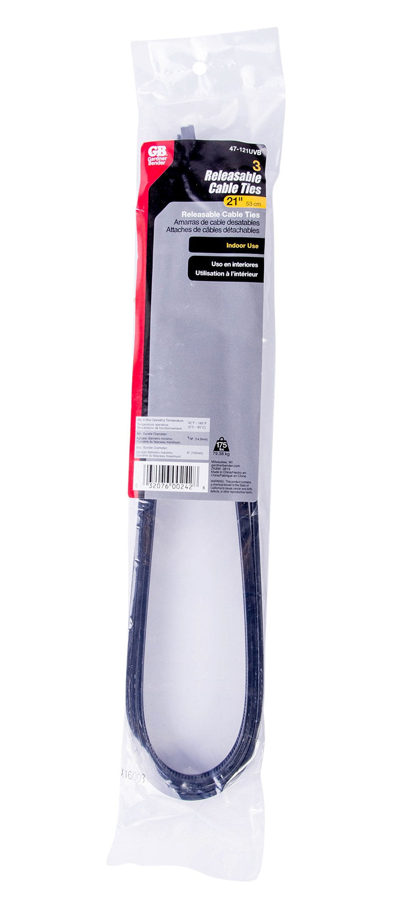  [AUSTRALIA] - Gardner Bender 47-121UVB Releasable Cable Tie, 21 inch, 175 lb, Electrical Wire and Cord Management, Nylon Zip Tie, 3 Pk, UV Resistant Black