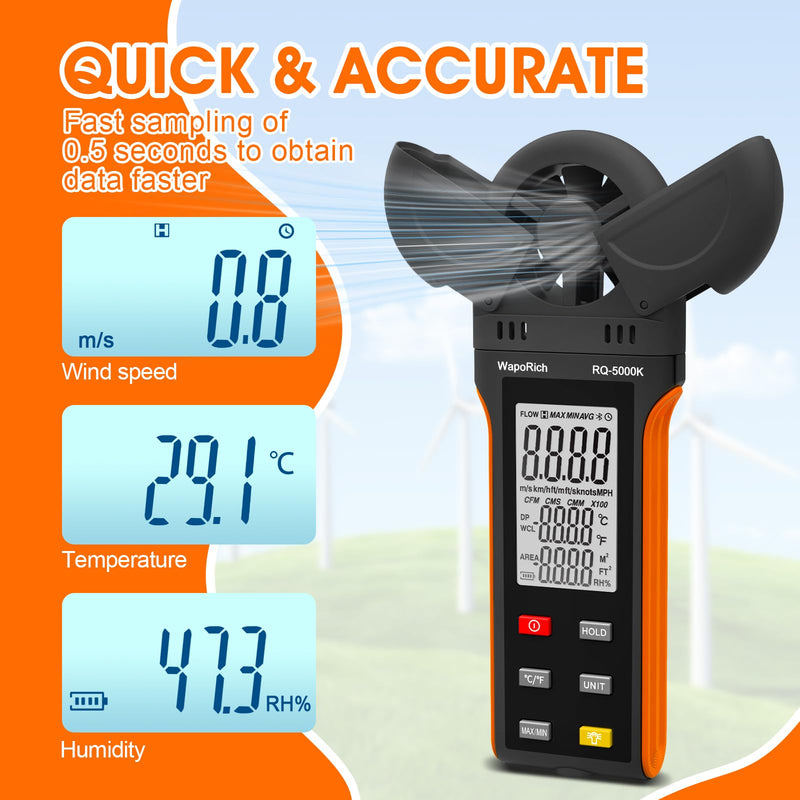  [AUSTRALIA] - Anemometer Anemometer, WapoRich Digital Anemometer Handheld Wind Speed Meter Gauge Measures Humidity/Temperature/Wind Speed with MAX/MIN/AVG for HVAC, Sailing, Surfing, Drone RQ-5000K