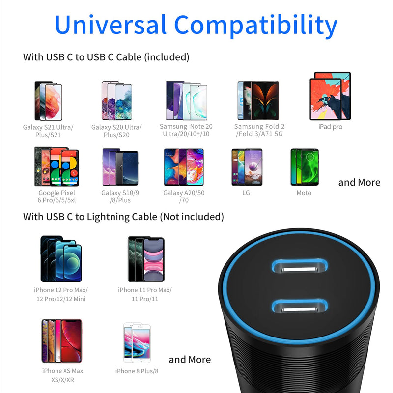  [AUSTRALIA] - USB C Super Fast Car Charger, 60W 2-Port Fast Charging Adapter Plug + Type C to C Cable 2 Pack for Samsung Galaxy S22, S21 5g, S21 Ultra, S21 Plus, S20Fe, S10, Note 20 Ultra, Note 10+, A53, A51, A71