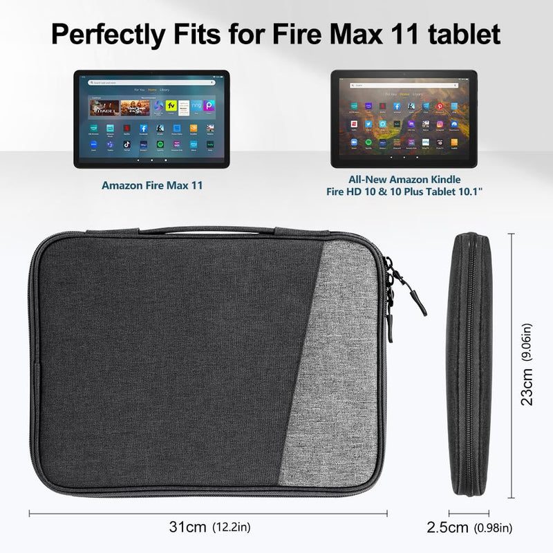  [AUSTRALIA] - TiMOVO 9-11 Inch Sleeve Case for Fire Max 11 Tablet/All-New Amazon Kindle Fire HD 10 & 10 Plus Tablet 10.1", Protective Carrying Case Bag with Elastic Handle for Kindle Fire Max 11, Black+Gray