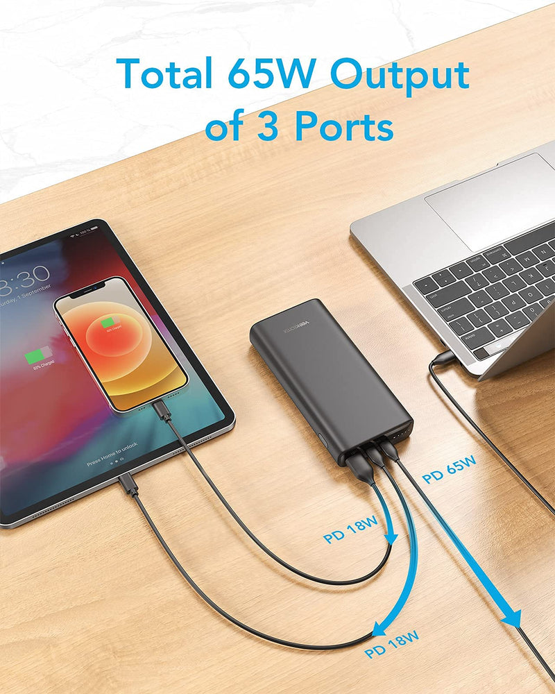  [AUSTRALIA] - Laptop Power Bank,65W PD3.0 Portable Charger for Laptop, QC 3.0 20000mAh Power Bank, VEEKTOMX Fast Charging 3 Outputs Battery Pack for MacBook/iPhone/Switch/Tablet/Samsung Black