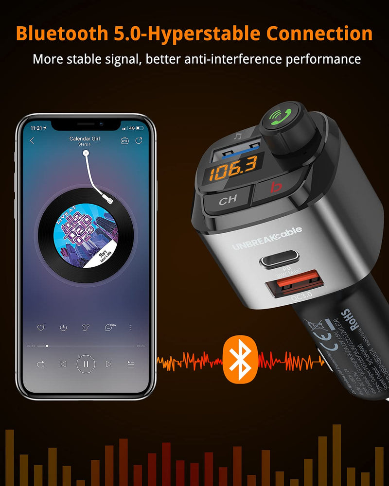  [AUSTRALIA] - UNBREAKcable Bluetooth FM Transmitter for Car, Support QC3.0, 20W Wireless Bluetooth Radio Car Adapter Receiver MP3 Audio Music Player FM Transmitters, Type C PD20W Handsfree Call Car Charger
