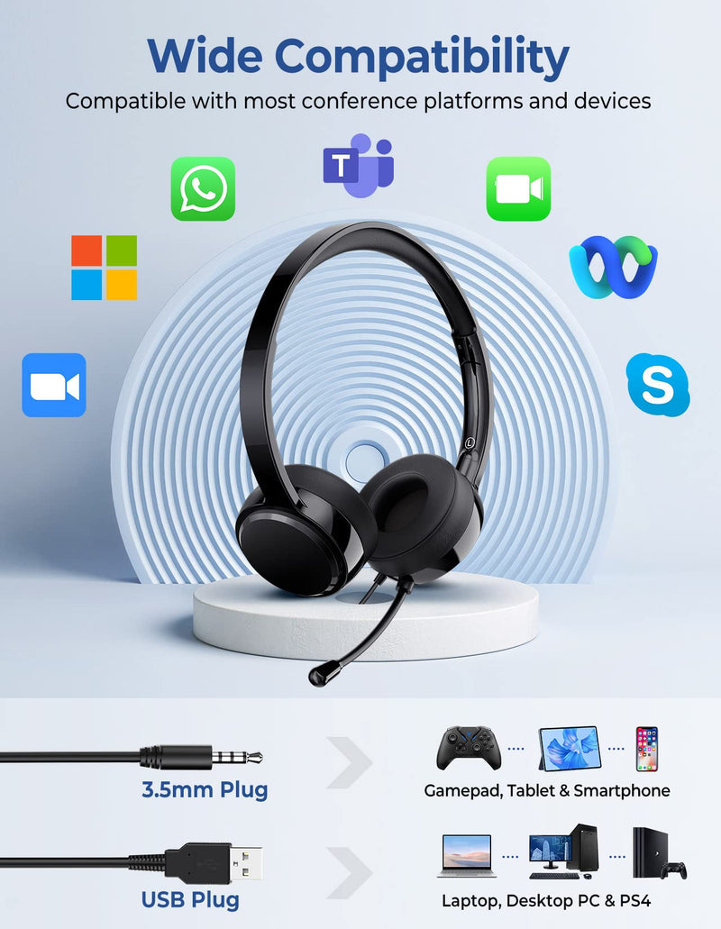  [AUSTRALIA] - USB Headset with Microphone for PC Laptop, 3.5mm Headphone with Microphone Noise Canceling&Volume Control, Computer Headset with Mute&Sidetone for VoIP Skype MS Teams Online Conference Class (2 Pack) 2 Pack