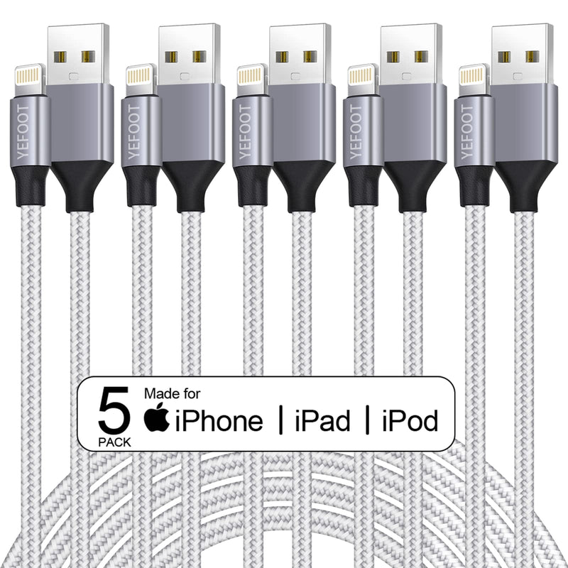  [AUSTRALIA] - [Apple MFi Certified] 5Pack(3/3/6/6/10FT) iPhone Charger Nylon Braided Fast Charging Lightning Cable Compatible iPhone 14Pro/14/13Pro/13/12Pro/12/11and More-Silver&White