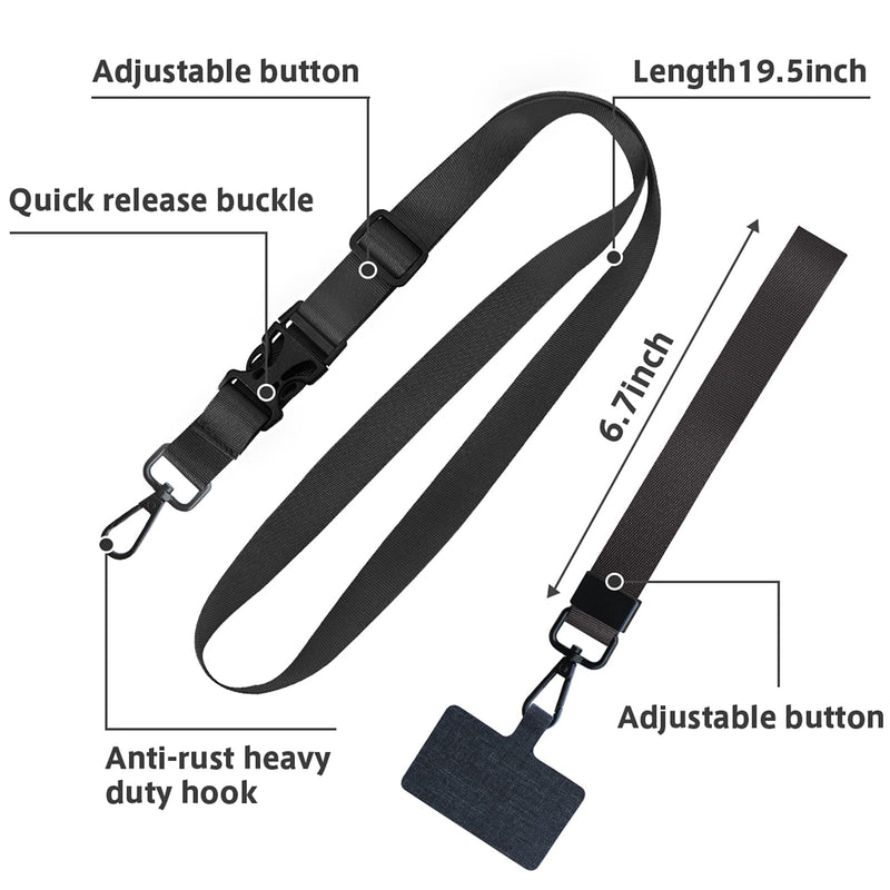  [AUSTRALIA] - ROCONTRIP Universal Phone Lanyard with Durable Glittering Patch Cell Phone Lanyard with Phone Tether Phone Strap Compatible with All Smartphones(Pure black)
