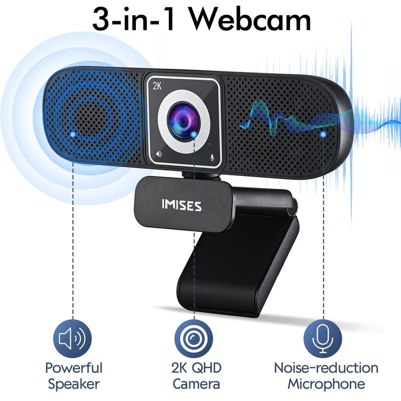  [AUSTRALIA] - 3 in 1 Webcam - Webcam with Microphone and Speaker, 2K QHD, Autofocus Laptop Camera w/White Balance, Noise Reduction Computer Camera for Conference/Streaming, USB C Plug & Play with Privacy Cover Midnight 2k all-in-one webcam