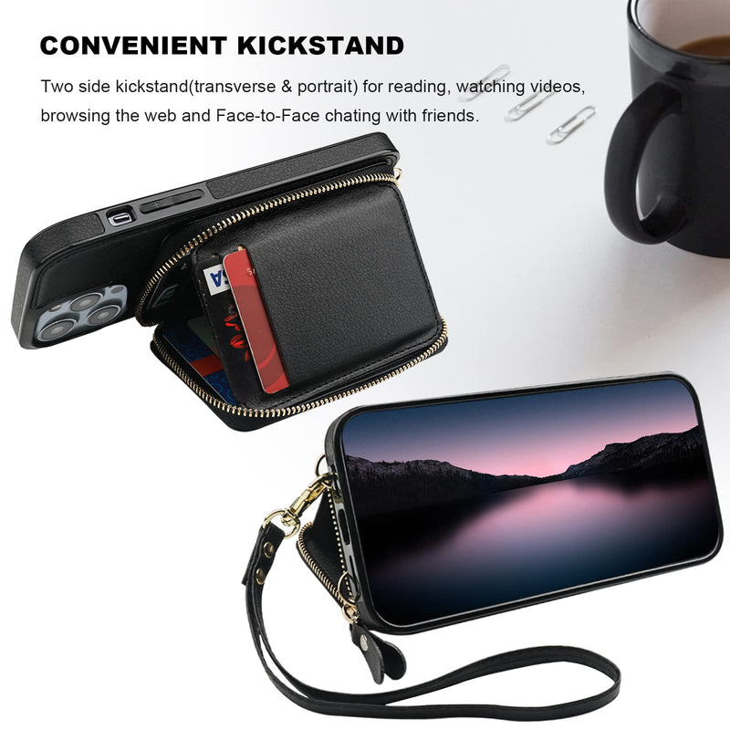  [AUSTRALIA] - Bocasal RFID Blocking Wallet Case for iPhone 14 Pro Max, Adjustable Crossbody Zipper Purse Case Card Holder with Kickstand Detachable Wrist Strap, PU Leather Flip Folio Case 6.7 Inch 5G (Black) Black