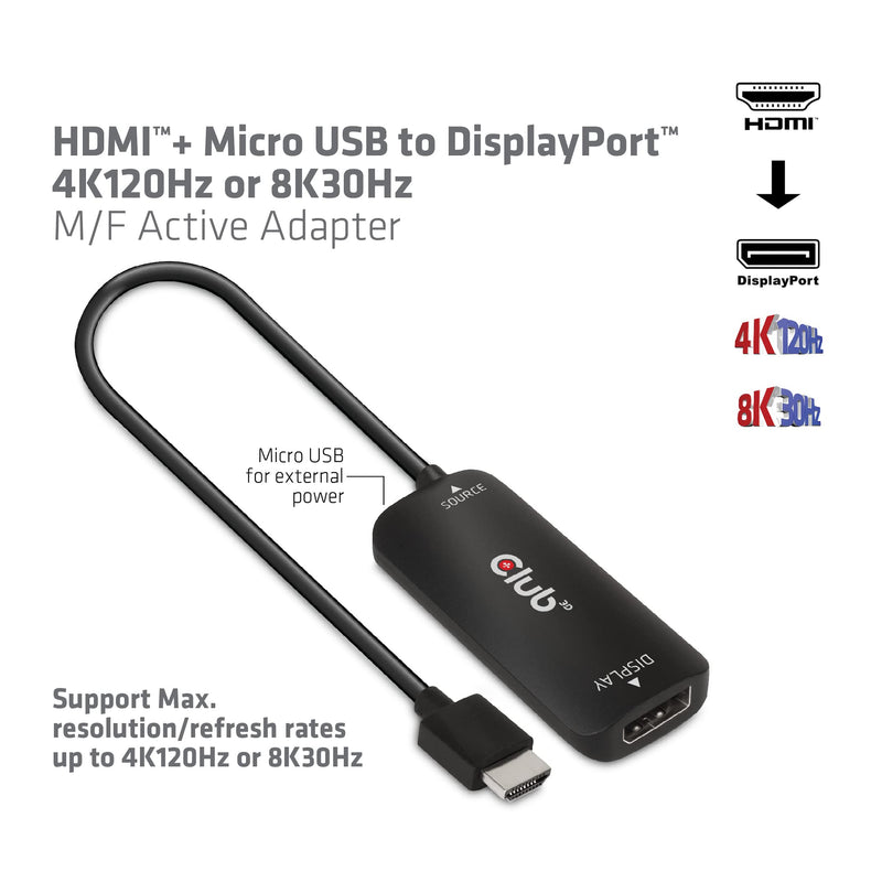  [AUSTRALIA] - Club 3D 4K 120Hz or 8k30Hz HDMI to DisplayPort Video Adapter w/USB Power - HDMI 2.1 (Male) to DP 1.4 (Female) Active Monitor Converter (CAC-1335)
