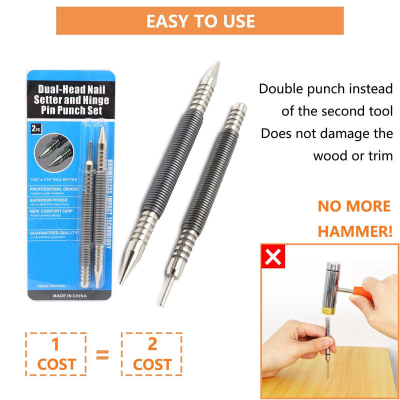  [AUSTRALIA] - WHLLING 2-Piece Dual Head Nail Setter and Hinge Pin Punch Set, Hammerless 1/32″& 1/16″Nail Set, 3500 PSI Striking Force Door Pin Removal Tool