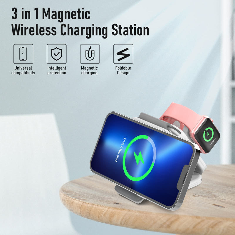  [AUSTRALIA] - 3 in 1 Charger, Magnetic Wireless Charging Station, Charging pad, Travel Charger, 18W Fast Mag-Safe Charger for iPhone 14/13/12/SE/11/XS/8,Samsung Galaxy, AirPods Pro,Apple Watch(Adapter Inc.)-White White21