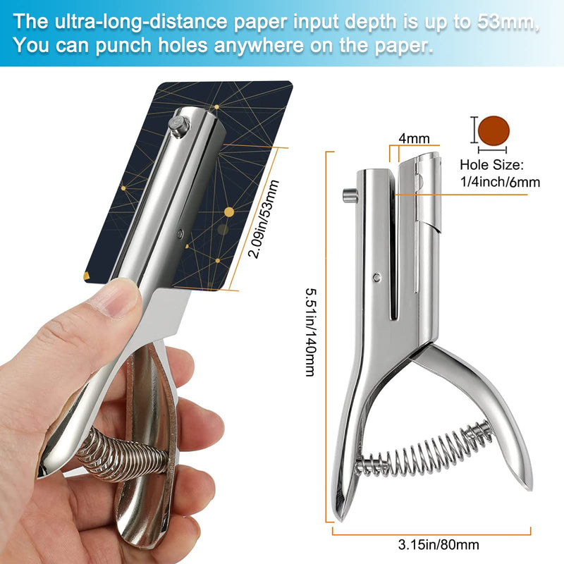  [AUSTRALIA] - Single Hole Punch 2 Inch Reach Deep Throat Heavy Duty Hole Punch Tab Zinc Alloy Silver Long Hole Punch 1/4 Inch Hole Hand Held Leather Hole Punch for Scrapbook Tab Paper ID Card PVC Card Badge Photos 1/4"- 6mm Hole