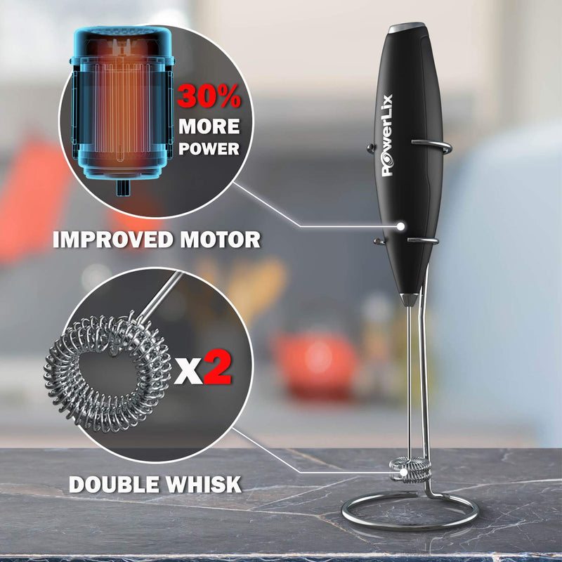  [AUSTRALIA] - New Double whisk + Improve Motor - PowerLix Milk Frother Handheld Battery Operated Electric Foam Maker For Coffee, Latte, Cappuccino, Durable Drink Mixer With Stainless Steel Whisk,Stand Include (Black) Black