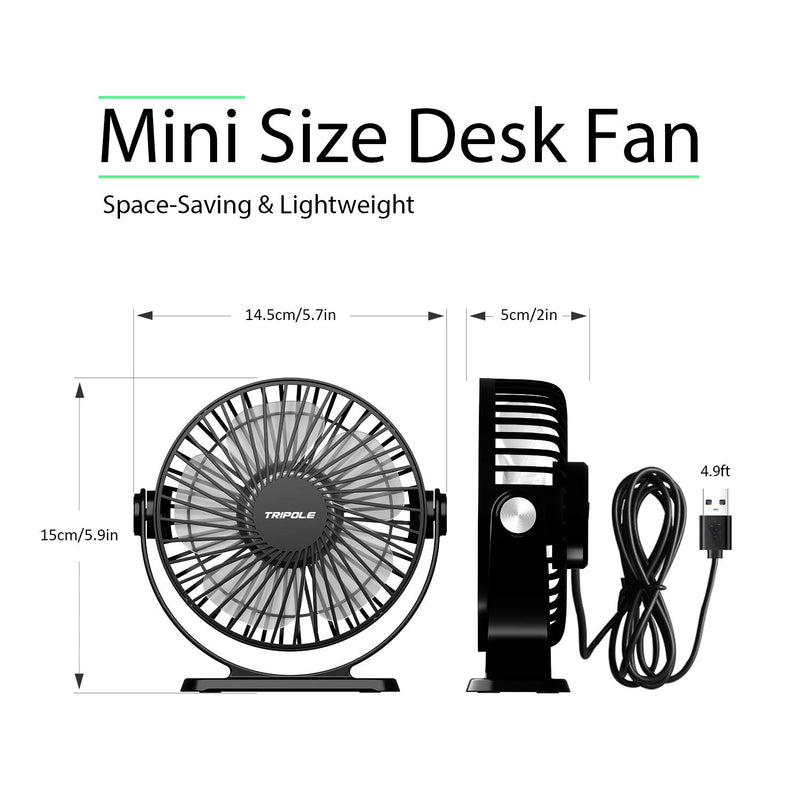  [AUSTRALIA] - TriPole Small Desk Fan USB Powered Portable Fan 3 Speeds Strong Airflow Mini Fan 360°Rotation Personal Fan 5.1 Inch Table Fan for Home Office Bedroom Desktop, Black, 4.9ft Cable