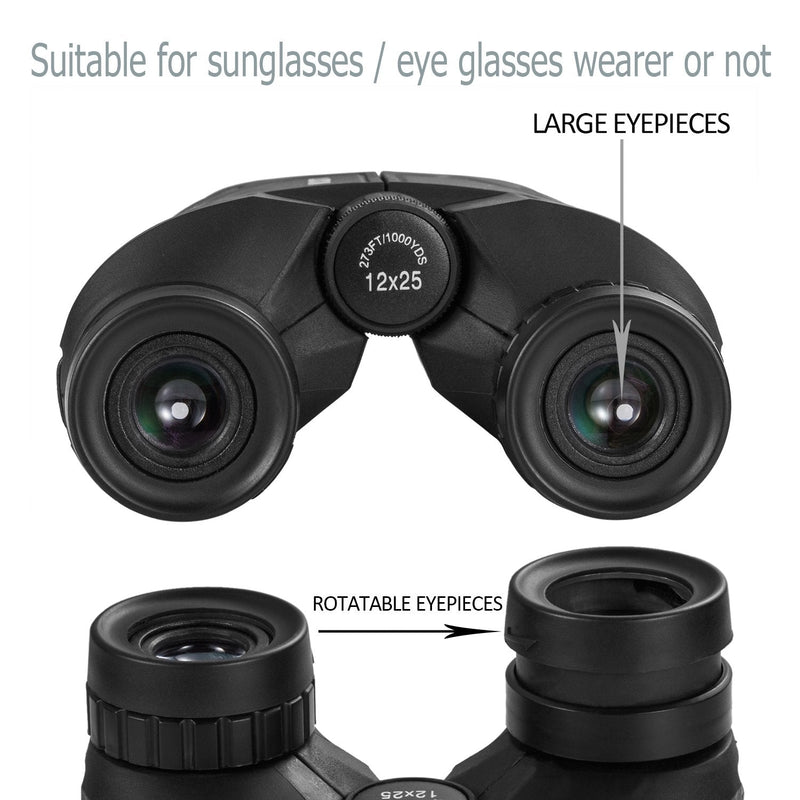  [AUSTRALIA] - occer 12x25 Compact Binoculars with Clear Low Light Vision, Large Eyepiece Waterproof Binocular for Adults Kids,High Power Easy Focus Binoculars for Bird Watching,Outdoor Hunting,Travel,Sightseeing Black