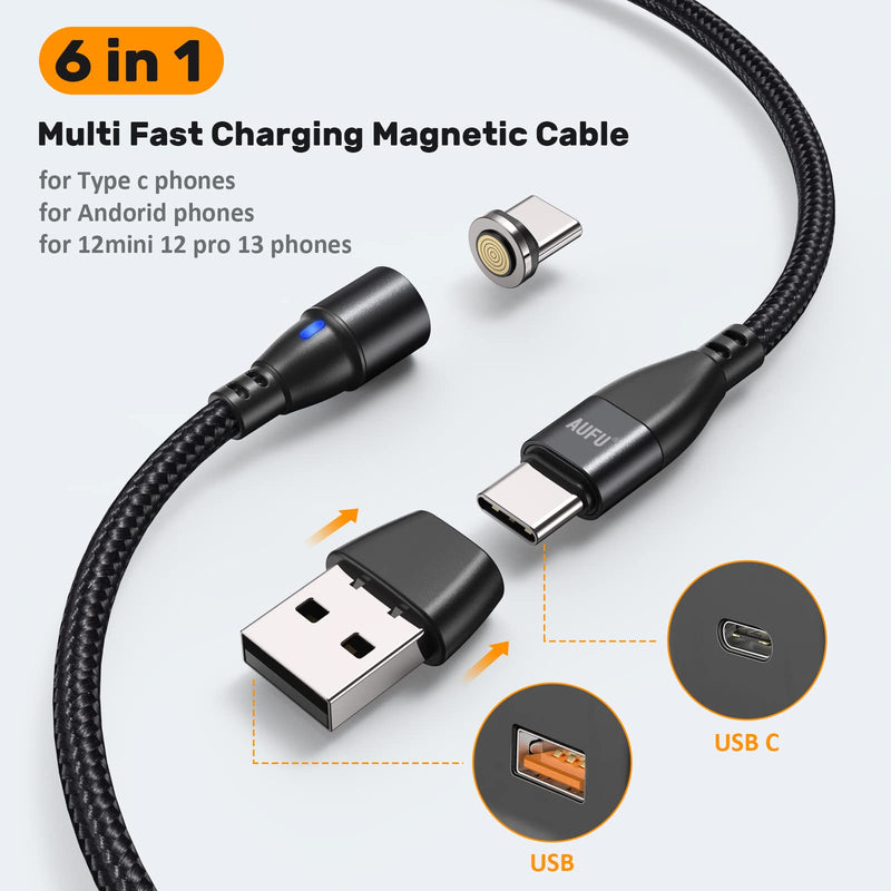  [AUSTRALIA] - AUFU 6 in 1 USB A & Type C to C PD Fast Charging Magnetic Charging Cable [ 2Pack 6ft], 60W USB C to USB C Magnetic Fast Charger Cable Data Sync Magnetic Phone Charger Cable for Laptop Type C Micro