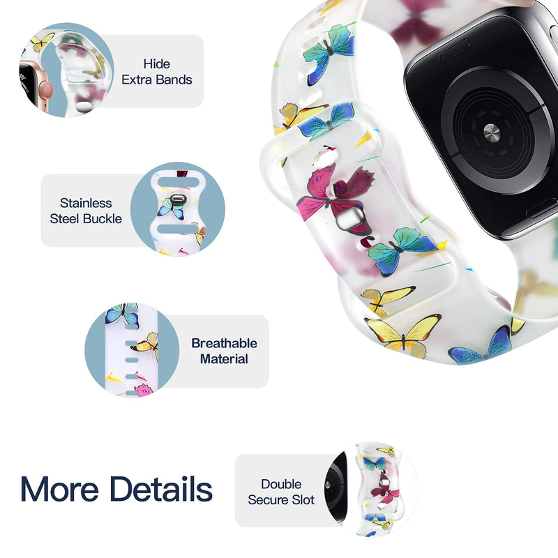  [AUSTRALIA] - Witzon Cute Transparent Bands Compatible with Apple Watch Bands 38mm 40mm 41mm 42mm 44mm 45mm for Women Men, Soft Silicone Sport Strap Replacement Band for iWatch Series 7/6/5/4/3/2/1/SE Butterflies 38/40/41mm