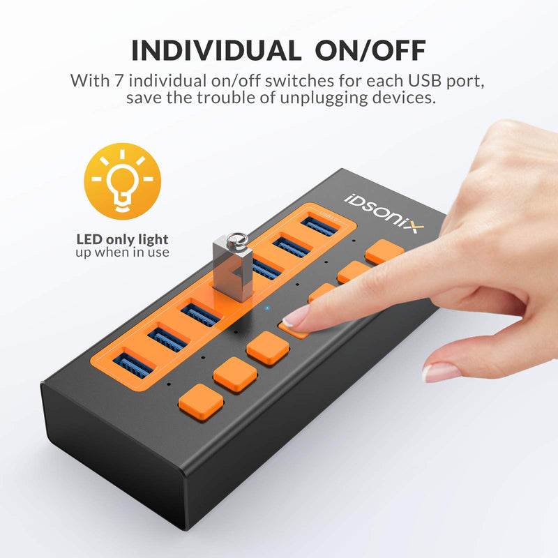 iDsonix USB 3.0 Hub, 7-Port 12V / 2A Powered USB Hub BC1.2 (5V2.4A) Fast Charge 5Gbps High Speed Transfer with Individual Switches Aluminum Alloy USB Splitter for Laptop, PC, HDD, SSD and More 7-PORT Black-Orange - LeoForward Australia