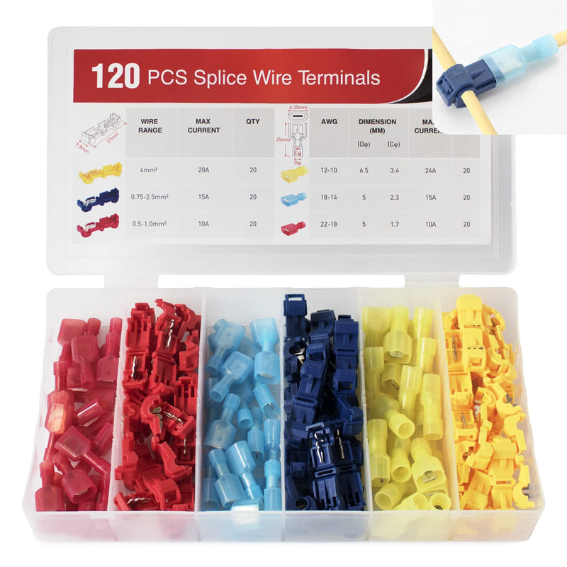  [AUSTRALIA] - OSXCAUES 120PCS T-TAP Wire Connectors Crimp Electronic Connectors Self-Stripping Quick Splice Terminals Assortment Kit with Case 120 PCS Multicolored