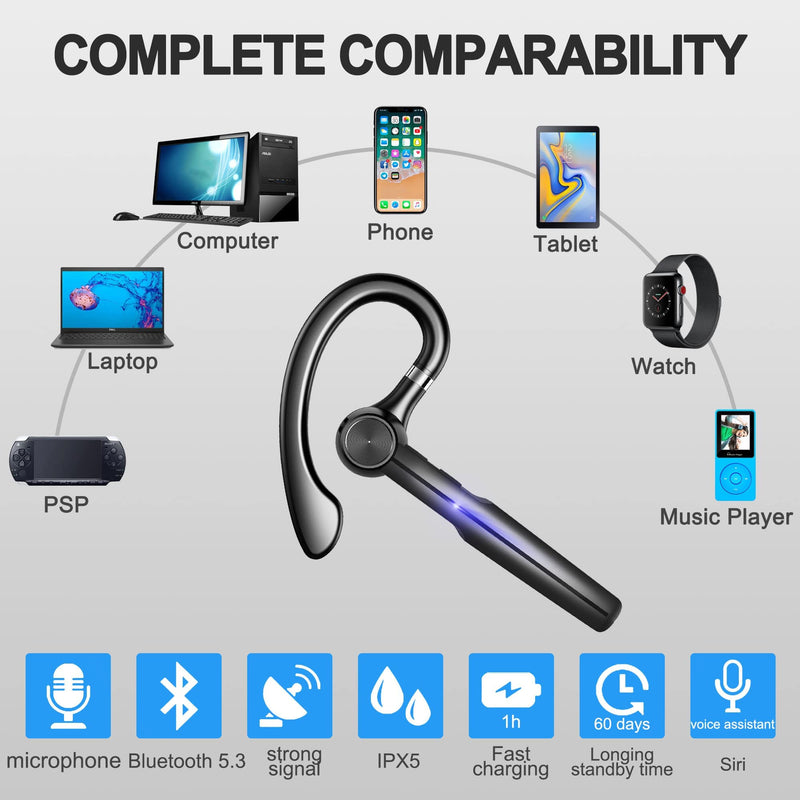  [AUSTRALIA] - Bluetooth Headset with Microphone,48Hrs V5.3 Handsfree Wireless Headset Bluetooth Earpiece for Cell Phone/Business/Office/Driving/Trucker Driver,Bluetooth Headphones Earbuds for iPhone Android Samsung Black