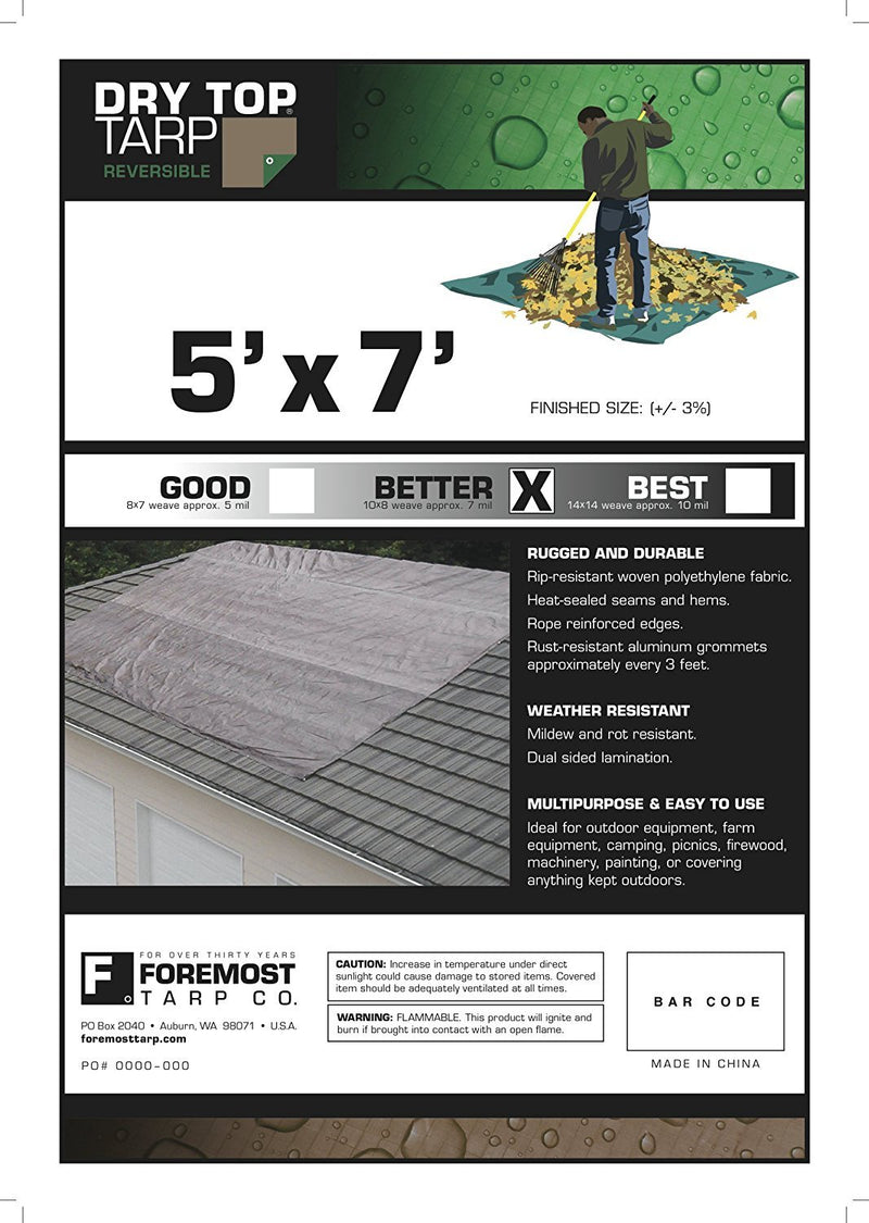  [AUSTRALIA] - Foremost Dry Top 10057 5 ft x 7 ft Brown/Green Reversible Full Size 7-mil Poly Tarp - Pack of 2 5' x 7'