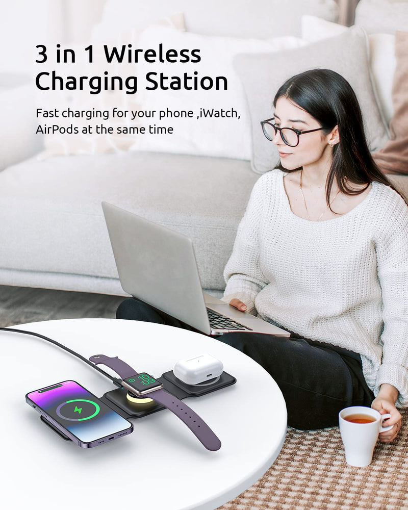  [AUSTRALIA] - Heylinsi Wireless Charger, 3 in 1 Wireless Charging Station Foldable Charger Stand Compatible for iPhone 14/13/12/SE/11/XS/X/8,Samsung Galaxy, for AirPods Pro,Apple Watch Series(Adapter Included).