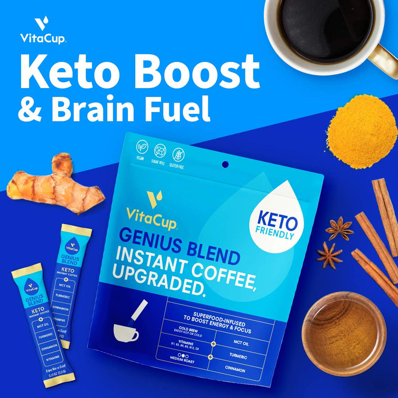 VitaCup Instant Coffee Packets, Genius Keto Coffee, Serve Hot or Cold Brew for Energy & Focus with MCT Oil, Turmeric, Vitamins B1, B5, B6, B9, B12, D3 in single serve packs, 10 sticks 10 Count (Pack of 1) - LeoForward Australia