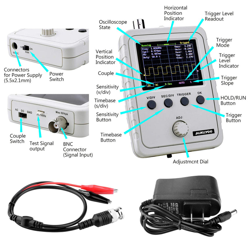 AUKUYEE Updated 2.4" TFT Digital Oscilloscope Kit with Power Supply and BNC-Clip Cable Probe Q15001 (Assembled Finished Machine) - LeoForward Australia