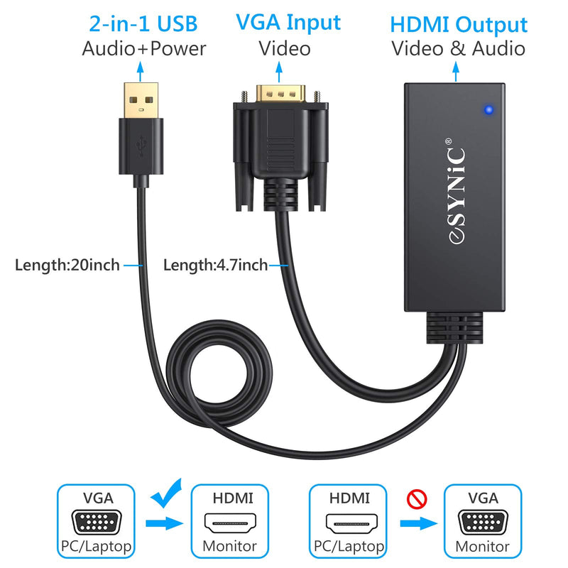  [AUSTRALIA] - eSynic VGA to HDMI Converter Gold Plated VGA to HDMI Out 1080P Audio HD Video Converter Box PC to HDTV Cable Adapter for Computer Desktop Laptop PC DVD from Analogue VGA sVGA to HDTV HD Plasma TV