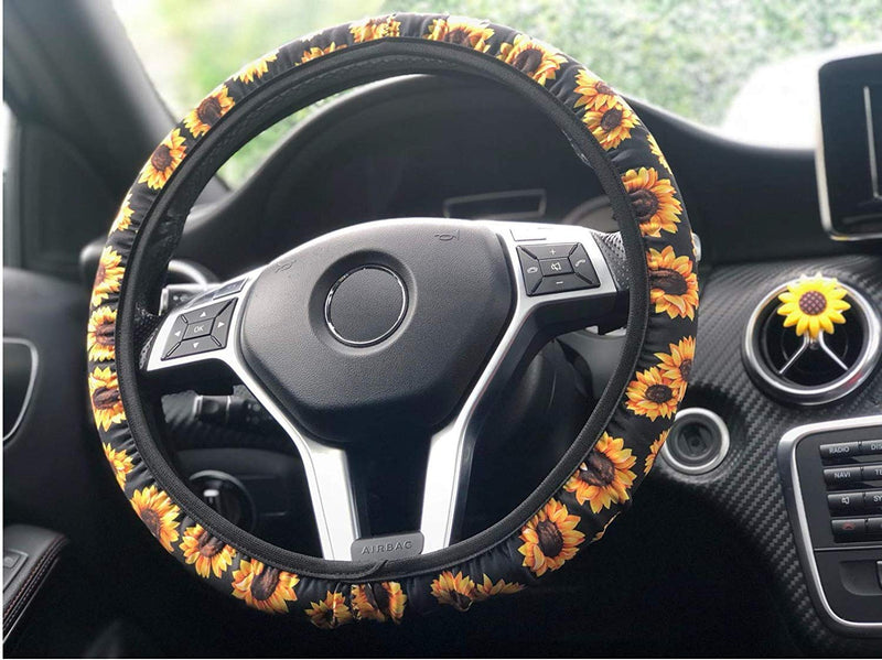  [AUSTRALIA] - Zadin Sunflower Steering Wheel Cover for Women- Trendy and Fashionable Sunflower Steering Wheel Cover with Cute Sunflowers Quarter Keyring and Sunflower Car Cup Coaster, Sunflower Car Accessories