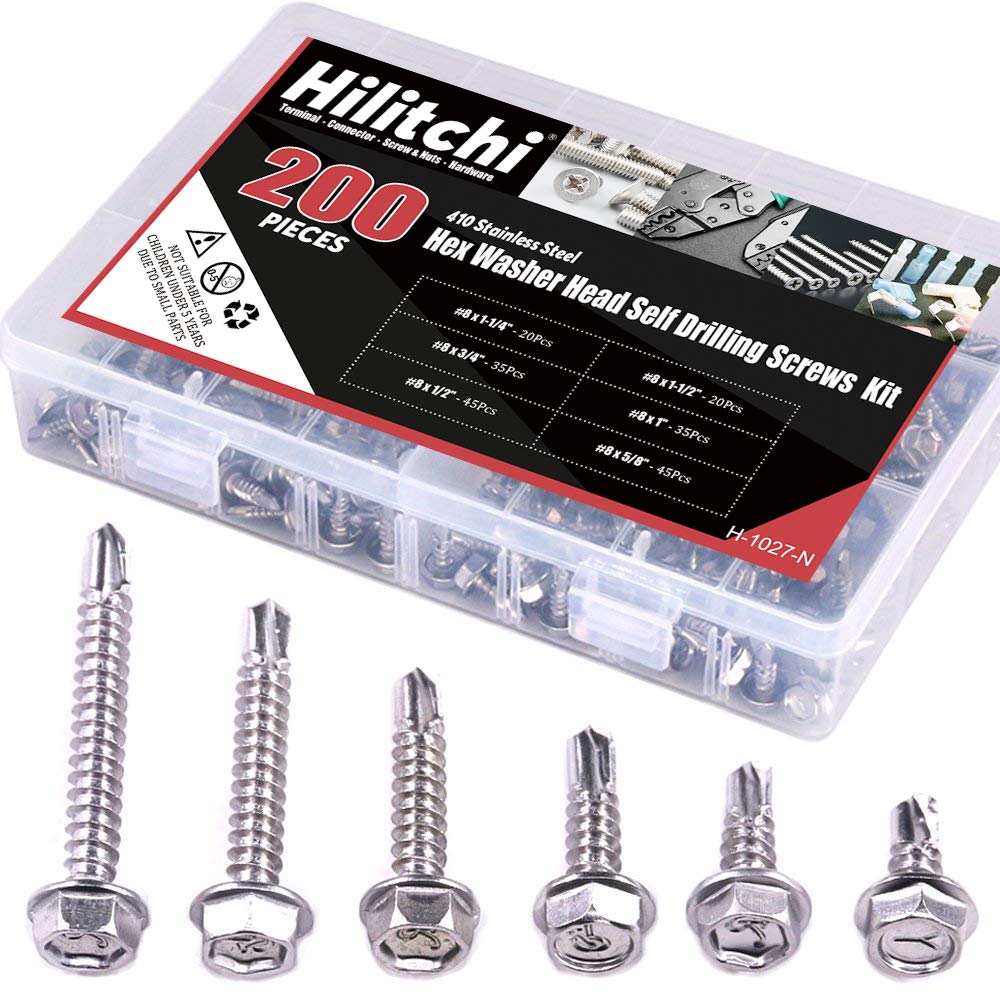  [AUSTRALIA] - Hilitchi 410 Stainless Steel #8 Hex Washer Head Self Drilling Sheet Metal Tek Screws Assortment Kit Set with Drill Point, Self Driller, 200 Pieces