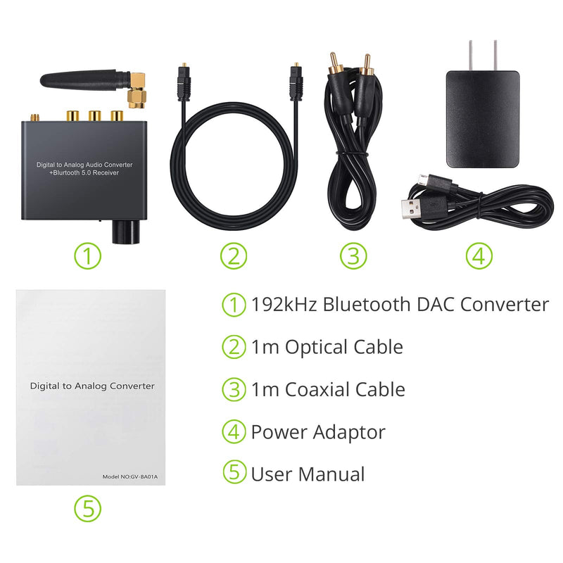  [AUSTRALIA] - LiNKFOR 192kHz DAC Digital to Analog Converter with Headphone Amplifier Bluetooth 5.0 Receiver Digital SPDIF Toslink to Analog L/R 3.5mm Jack Audio Adapter -Include Power Adapter