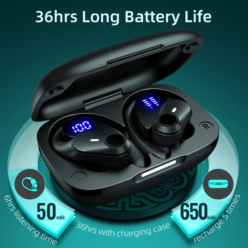  [AUSTRALIA] - Bluetooth Headphones Wireless Earbuds 36Hrs Playtime Wireless Charging Case Digital LED Display Over-Ear Earphones with Earhook Waterproof Headset with Mic for Sport Running Workout Black GOLREX