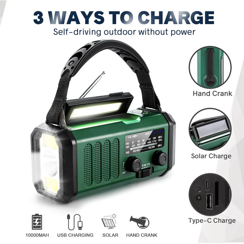  [AUSTRALIA] - 10000mAh Crank Radio, Emergency Radio, Solar Radio, NOAA/AM/FM Weather Radio, USB Type-C Charging,Dynamo Radio,Polymer Battery,Torch & LED Reading Light, SOS Alarm,Compass for Camping