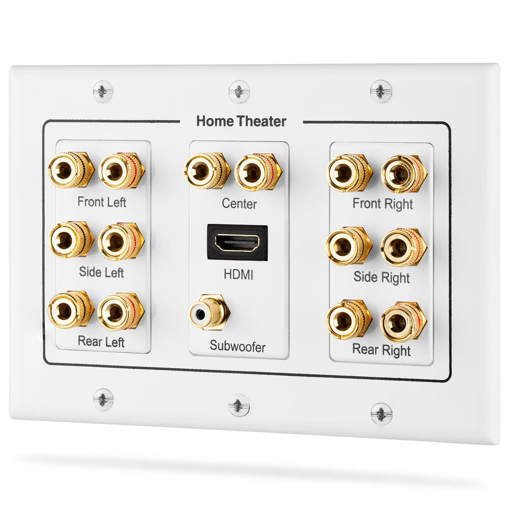  [AUSTRALIA] - Fosmon HD8006 3-Gang 7.1 Surround Distribution Home Theater Gold Plated Copper Banana Binding Post Coupler Type Wall Plate for 7 Speakers, 1 RCA Jack for Subwoofer & 1 HDMI Port Single