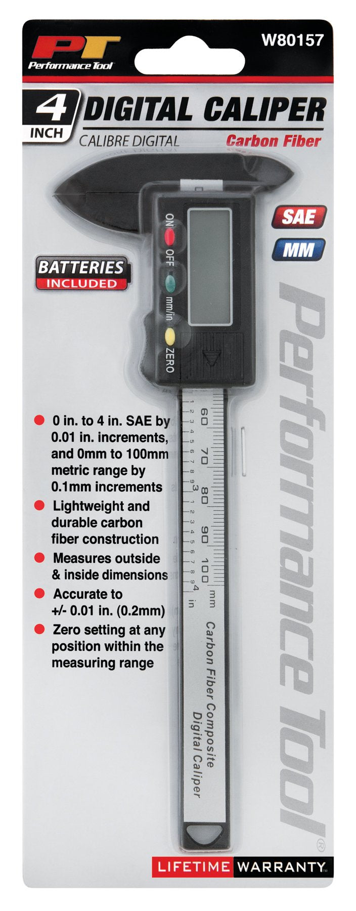 Performance Tool W80157 Electronic Digital Caliper with Extra Large LCD Screen, 0 - 4 Inches, Inch/Millimeter Conversion 4" Carbon Fiber Digital Caliper - LeoForward Australia