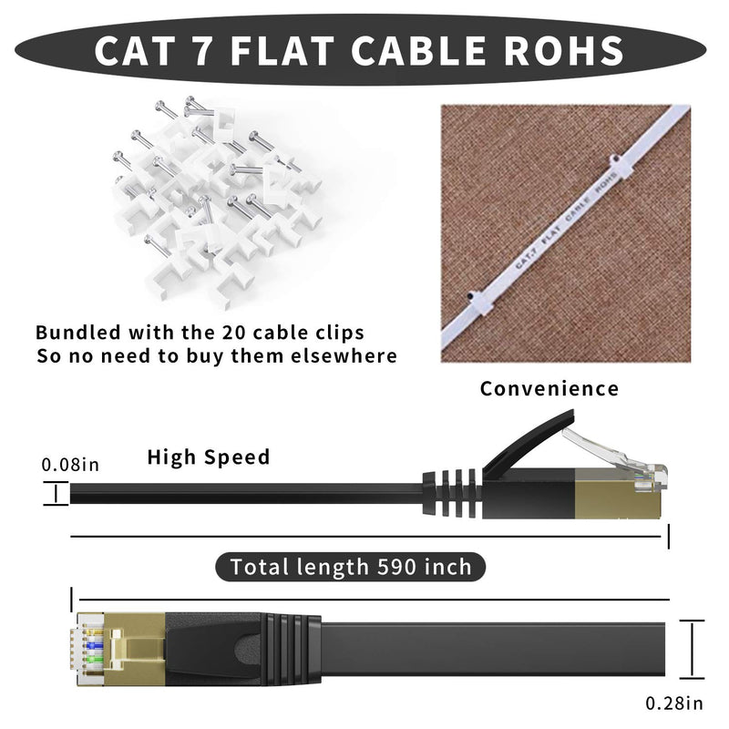 Cat 7 Ethernet Cable 50 ft,Lapsouno High Speed Flat Internet Network Computer Cord,Faster Than Cat6 Cat5 Network, High Speed Slim Cat7 LAN Wire with Rj45 Connectors for Router, Modem,Xbox,Gaming,Black CAT7 50 FT Black - LeoForward Australia