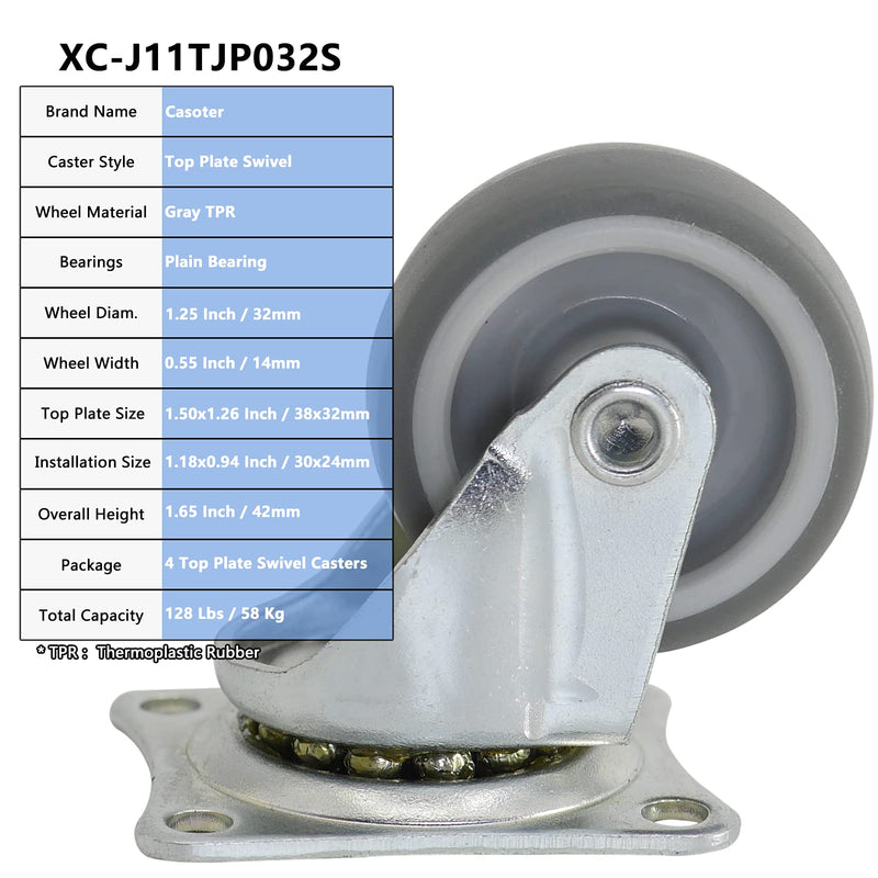  [AUSTRALIA] - Casoter 1.2"(32mm) Swivel Soft TPR Rubber Caster Wheels, Ball Bearing Top Plate & Plain Bearing Wheel Moving Silent Smooth Sturdy, 4.2mm Bolt Hole for M4 Screw, Total Load Capacity 128Lbs/58Kg 4-Pack 1.25inch