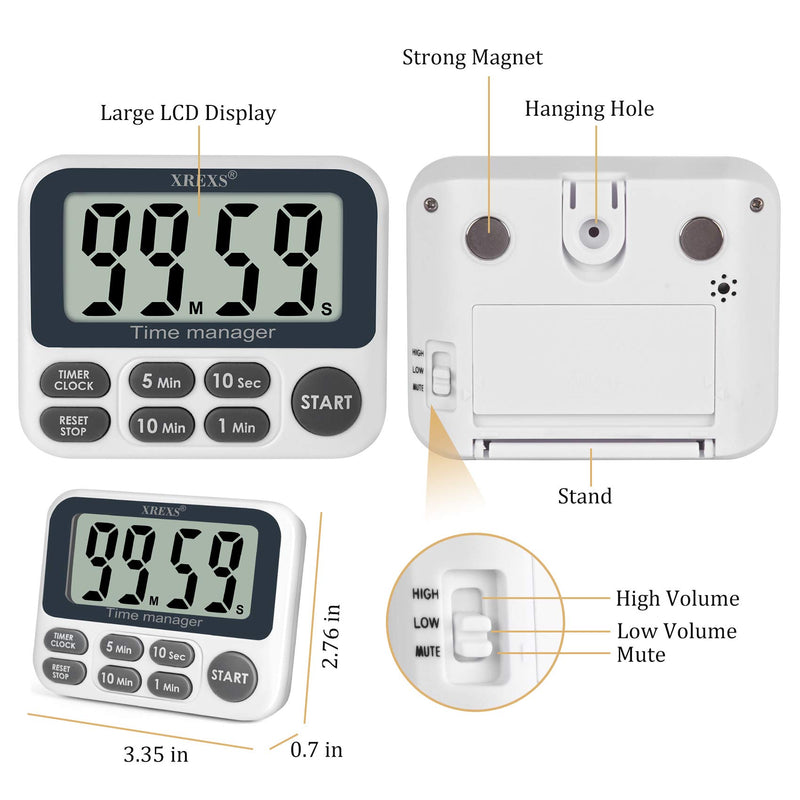  [AUSTRALIA] - XREXS Digital Kitchen Timer, Magnetic Countdown Up Cooking Timer Clock with Large LCD Display, Adjustable Volume, Loud Alarm & Strong Magnet Classroom Timer for Teachers (Batteries Included)