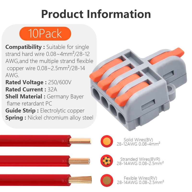  [AUSTRALIA] - XALXMAW 10Pcs Lever Wire Connectors, DIY Mini Quick Terminal Block Compact Splice Electrical Connectors (1 in 4 Out), 28-12 AWG