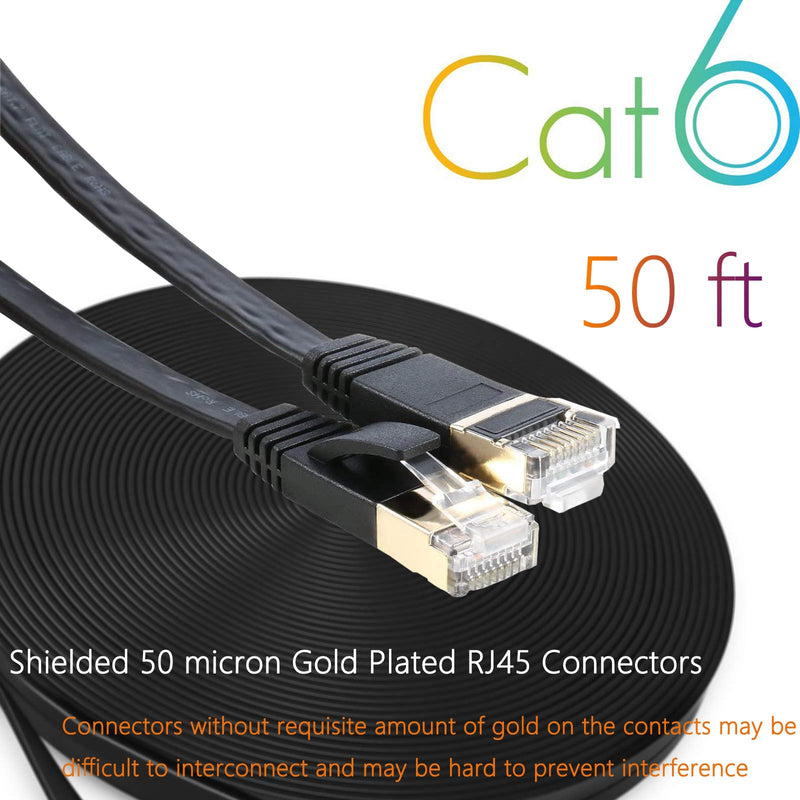  [AUSTRALIA] - Cat 6 Ethernet Cable 50 FT Flat Internet Network Cables with Cable Clips Cat6 Ethernet Patch Cable with Snagless Rj45 Connectors Black Computer LAN Cable（50FT）… 50FT Black