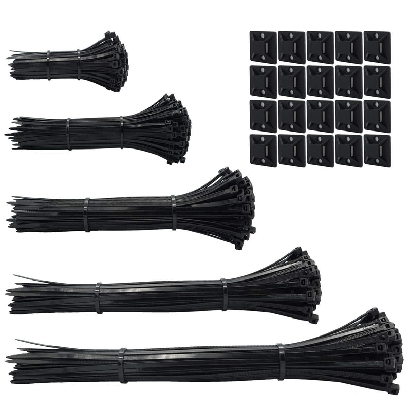  [AUSTRALIA] - 1200pcs black and White Standard Self-Locking Nylon Cable Zip Ties Assorted Sizes 4/6/8/10/12 Inch with cable mount