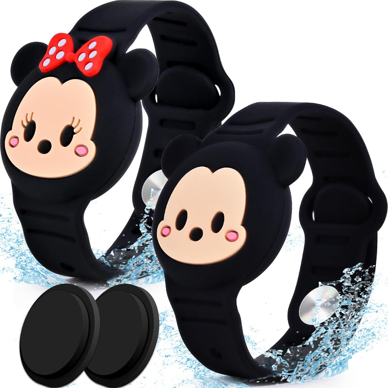  [AUSTRALIA] - 2 Pack AirTag Holder for Kids, Waterproof Airtag Bracelet for Kids with Cute Cartoon Design, Full Coverage Anti-Lost Silicone Airtag Wristband for Children, Healthy Material (Black) Black