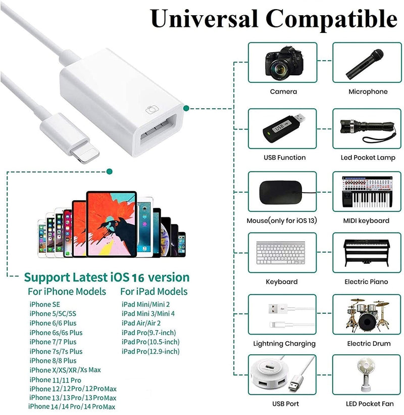  [AUSTRALIA] - 【Apple MFi Certified】 Lightning to USB Camera Adapter for iPhone, iPhone to USB OTG Cable Adapter for iPhone 14 13 12 11 Pro Max XS XR X 8 iPad, Support USB Flash Drive, Card Reader, Mouse, Keyboard White