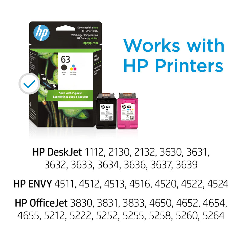  [AUSTRALIA] - HP 63 Black/Tri-color Ink (2-pack) | Works with HP DeskJet 1112, 2130, 3630 Series; HP ENVY 4510, 4520 Series; HP OfficeJet 3830, 4650, 5200 Series | Eligible for Instant Ink | L0R46AN