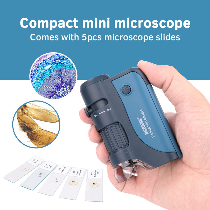  [AUSTRALIA] - BEBANG Pocket Microscope for Kids, Handheld Mini Microscope with LED, 5 Prepared Slides, 60x-120x Portable Microscope for Kids Students Microbiological Observation Preschool Study 120X