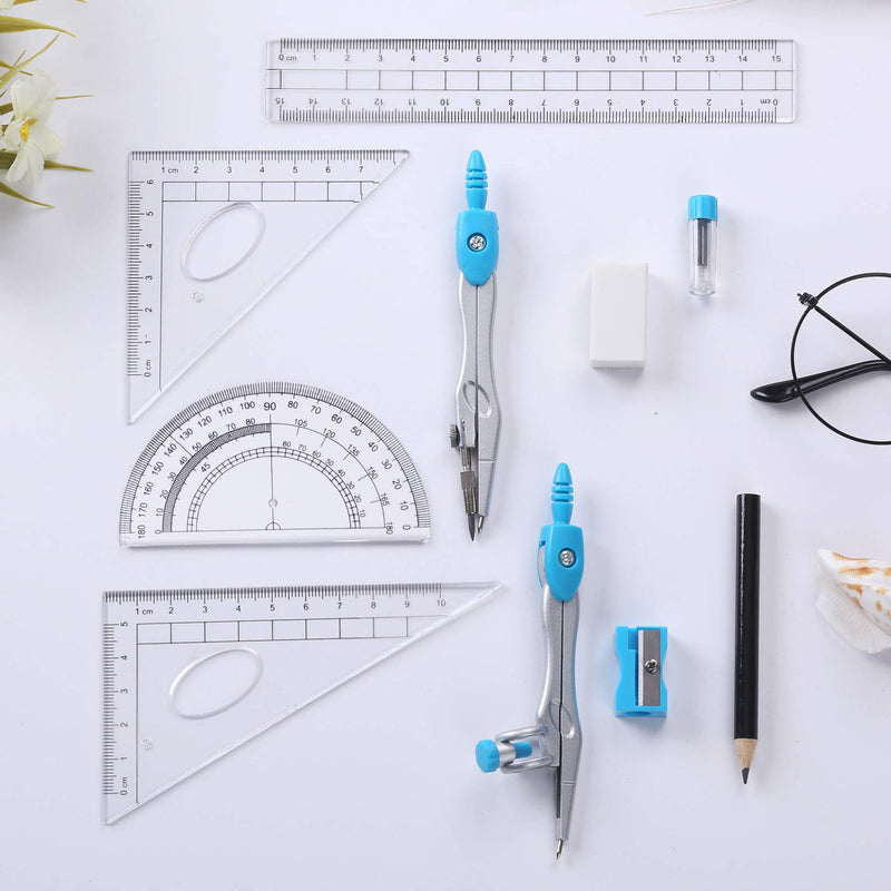 Vobou Math Geometry Kit Sets 10 Piece Student Supplies with Shatterproof Storage Box,Includes Rulers,Protractor,Compass,Eraser,Pencil Sharpener,Lead Refills,Pencil,for Drafting and Drawings（Blue） Blue - LeoForward Australia