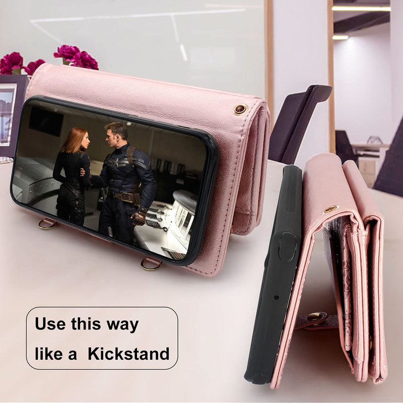  [AUSTRALIA] - Harryshell Compatible with iPhone 14 6.1 inch 2022, [Block Theft Card Scanning], Detachable Magnetic Case Wallet Cash Zipper Pocket Crossbody Lanyard Strap (Floral Rose Gold) Floral Rose Gold