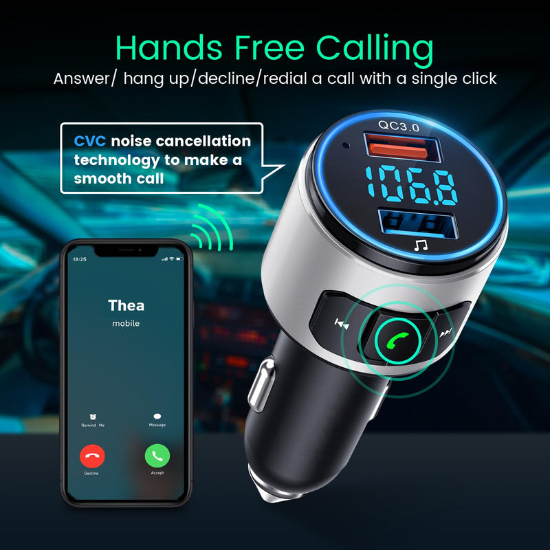  [AUSTRALIA] - Octeso Upgraded V5.0 FM Bluetooth Transmitter Car, QC3.0 & LED Backlit Wireless Bluetooth FM Radio Adapter Music Player/Car Kit with Hands-Free Calls, Siri Google Assistant-Silver Silver