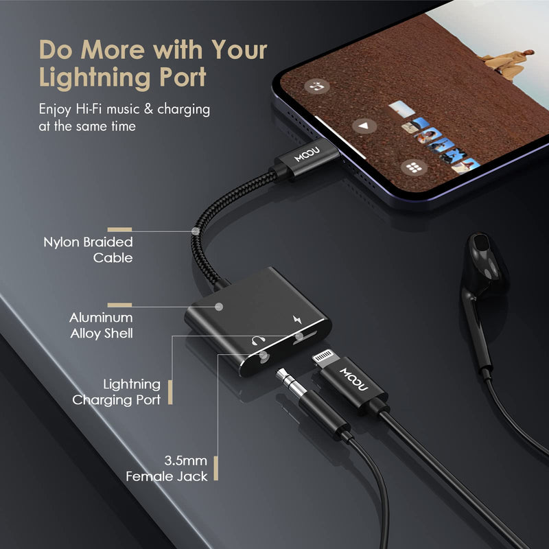  [AUSTRALIA] - MOOU iPhone Splitter Audio and Charge Adapter [Apple MFi Certified] 2 in 1 Lightning to 3.5mm Headphones Jack + Charger Adapter for iPhone 13/13 Pro/13 Pro Max/12/12 Mini/11/11 Pro/X/XS/SE/8P-Black