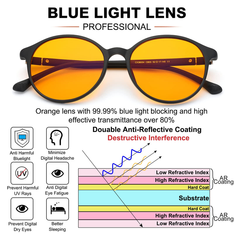  [AUSTRALIA] - LIKSMU Blue Light Blocking Glasses Computer Gaming TV Phone Sleeping Glasses Women Men Professional Filter Anti Eyestrain B1 Orange Lens 99.9% Blue Light Blocking / Matte Black Frame 52 Millimeters